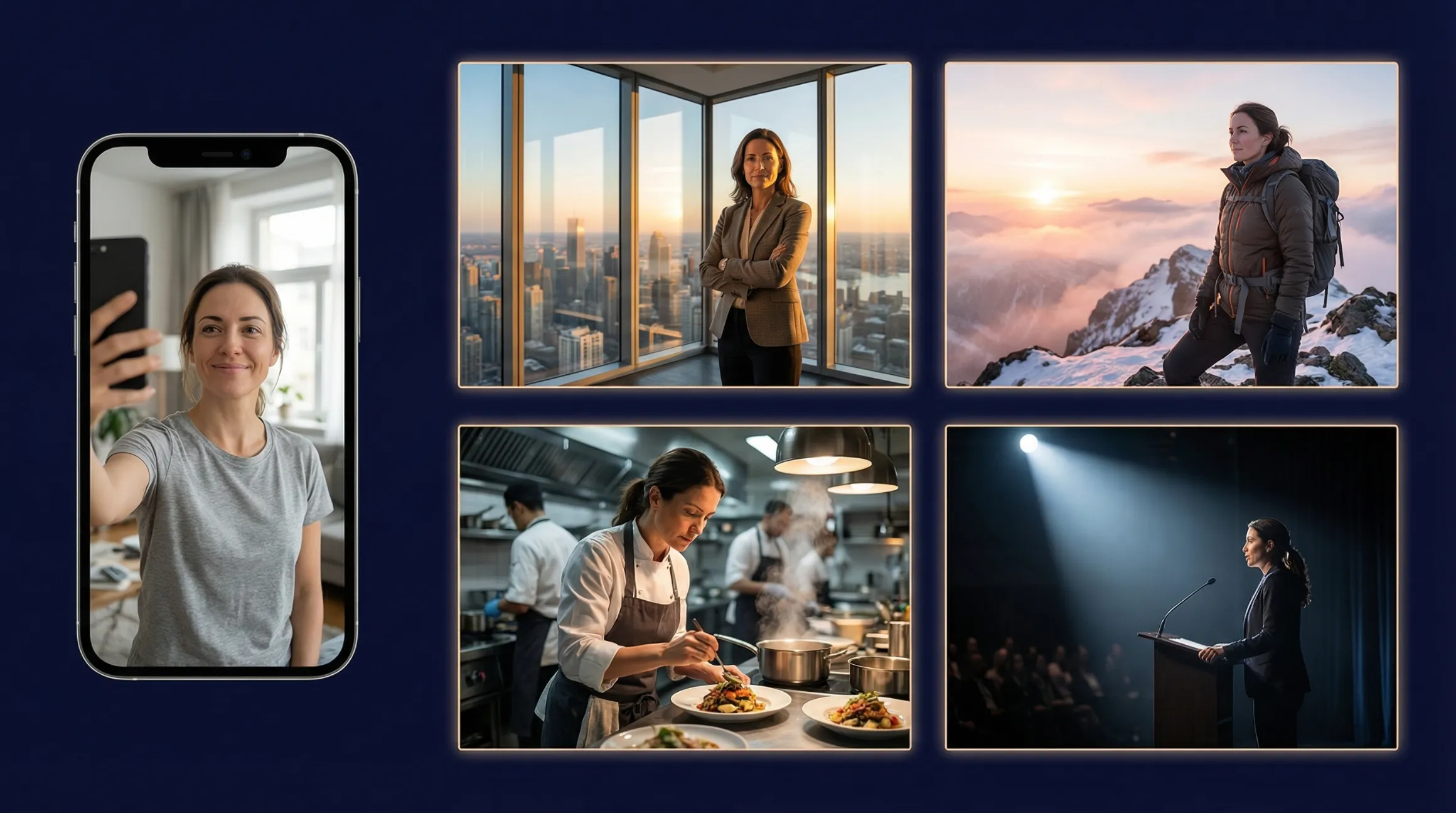 A selfie on a phone, and the same woman in four cinematic scenes: a corner office at sunset, a snowy summit, a restaurant kitchen, a keynote stage