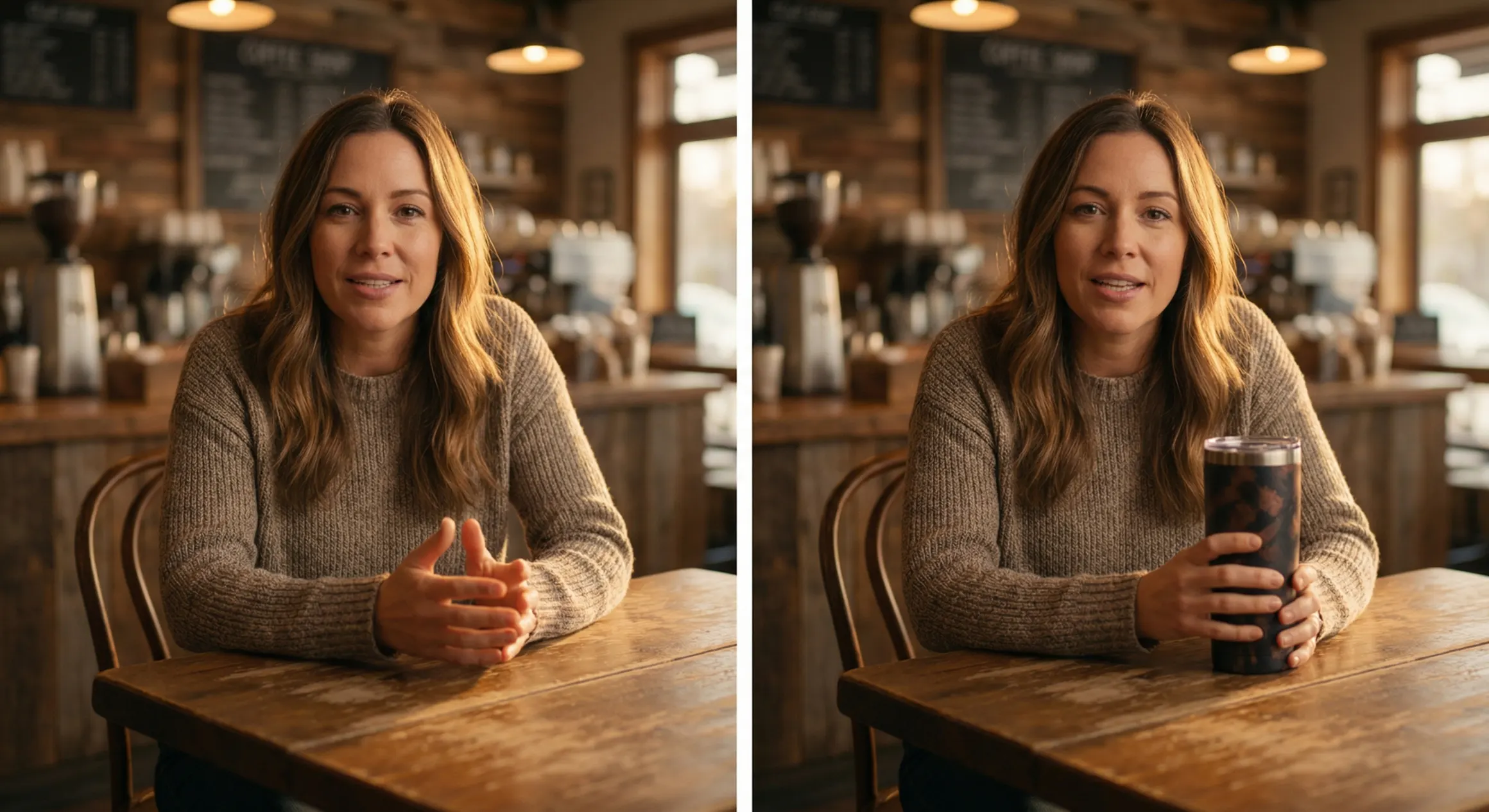 The same presenter in the same café take, twice: hands empty on the left; on the right holding a tumbler, label to camera, lit by the same window